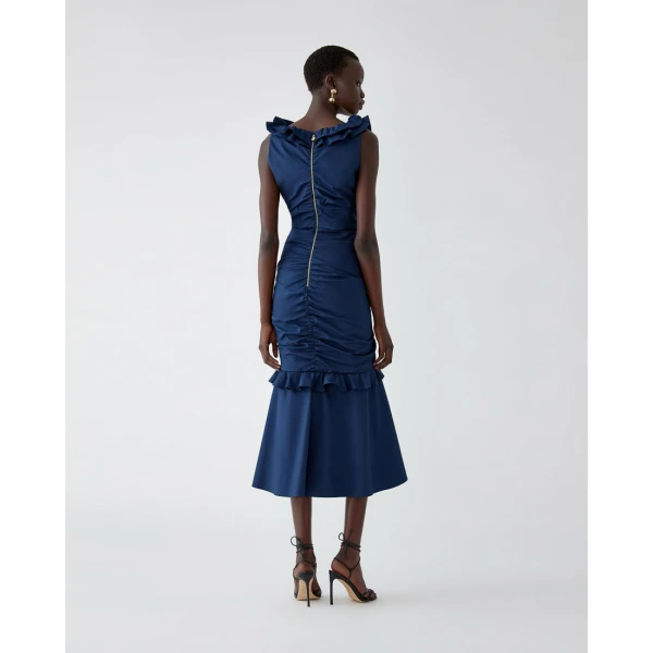 Carolina Herrera Ruched Midi Dress with Ruffles in Midnight, view 3