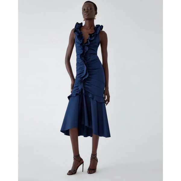 Carolina Herrera Ruched Midi Dress with Ruffles in Midnight, view 4