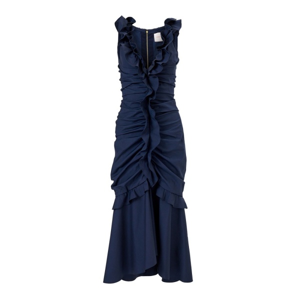 Carolina Herrera Ruched Midi Dress with Ruffles in Midnight