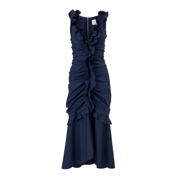 Ruched Midi Dress with Ruffles in Midnight
