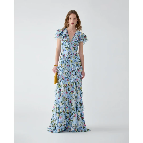 Carolina Herrera Ruffled Floral-Print Chiffon Gown in Cloudy Blue Mult, view 2