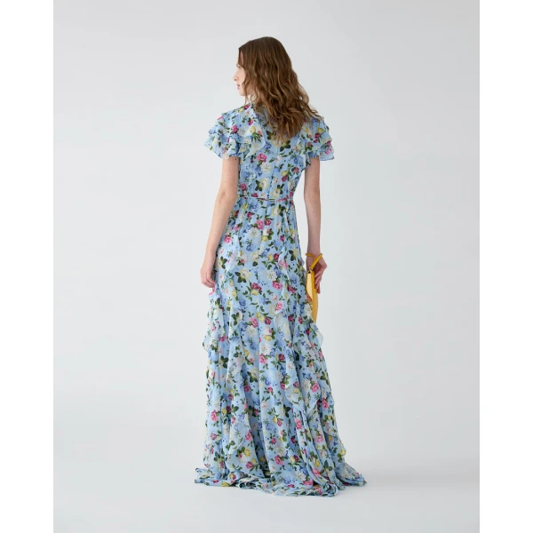 Carolina Herrera Ruffled Floral-Print Chiffon Gown in Cloudy Blue Mult, view 3