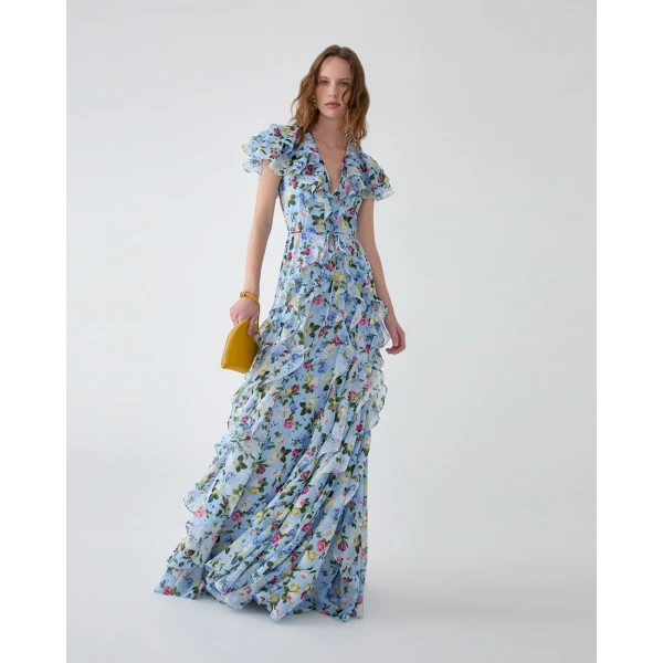 Carolina Herrera Ruffled Floral-Print Chiffon Gown in Cloudy Blue Mult, view 4