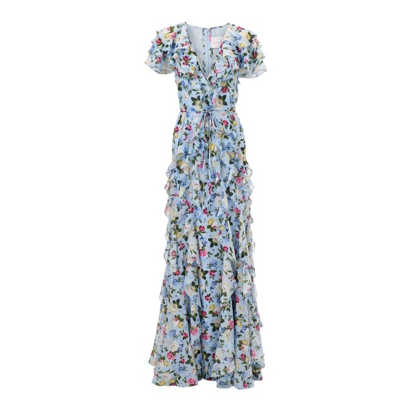 Carolina Herrera Ruffled Floral-Print Chiffon Gown in Cloudy Blue Mult