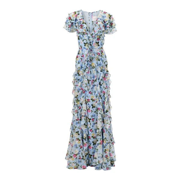 Carolina Herrera Ruffled Floral-Print Chiffon Gown in Cloudy Blue Mult
