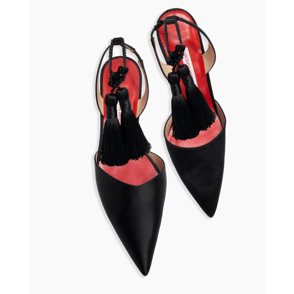 Carolina Herrera Satin Slingback Flats with Tassels in Black, view 5