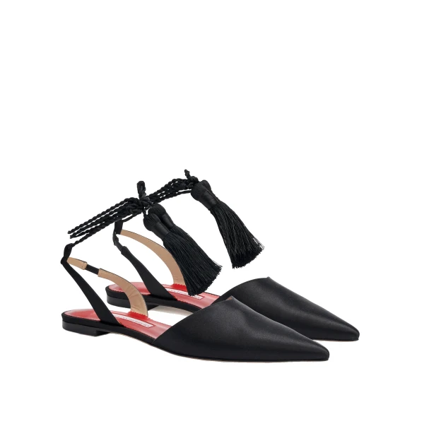Carolina Herrera Satin Slingback Flats with Tassels in Black