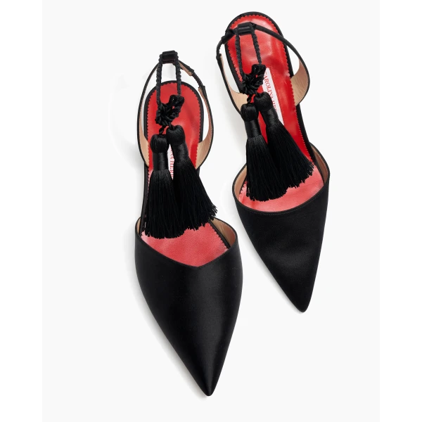 Carolina Herrera Satin Slingback Pumps with Tassels in Black, view 3
