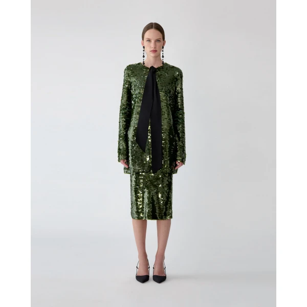 Carolina Herrera Sequined Merino Cardigan in Forest Green, view 2