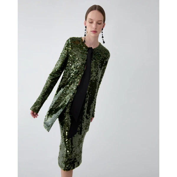 Carolina Herrera Sequined Merino Pencil Skirt in Forest Green, view 4