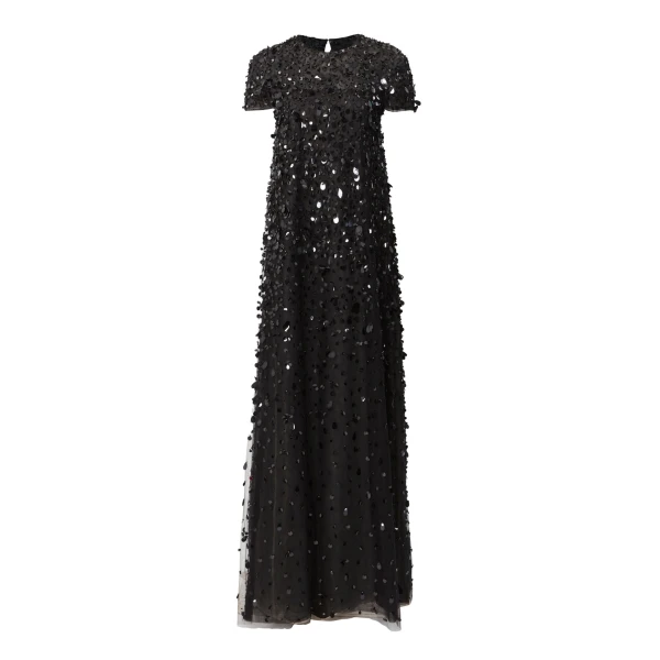 Short-Sleeve Sequin Gown in Black