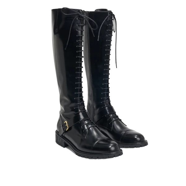 Carolina Herrera Spazzolato Leather Tall Lace-Up Boots in Black