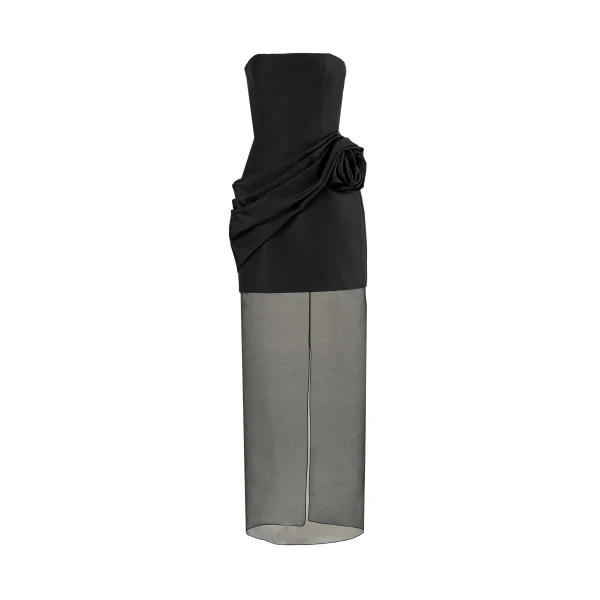 Strapless Gown with Sheer Organza Skirt in Black