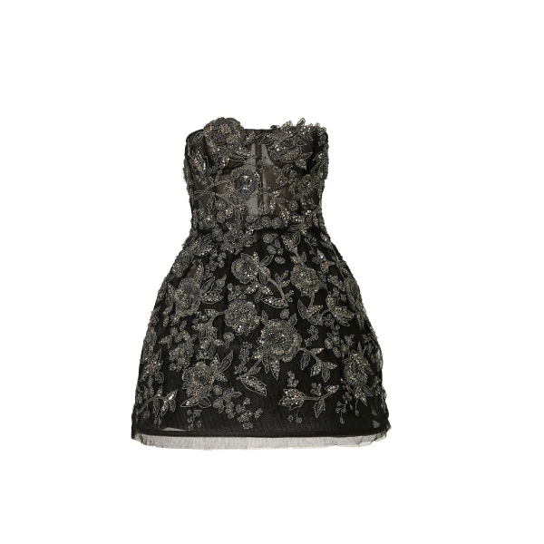 Carolina Herrera Strapless Minidress with Pewter Floral Embroidery