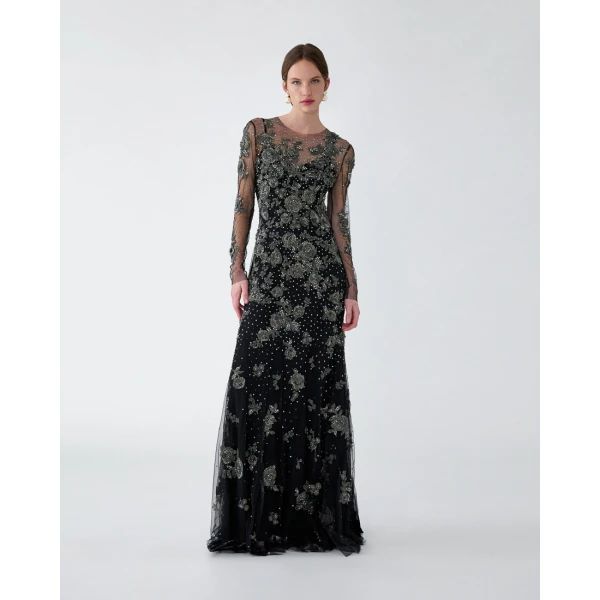 Carolina Herrera Trumpet Gown with Pewter Floral Embroidery, view 2