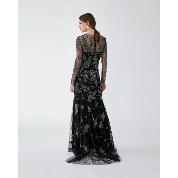 Carolina Herrera Trumpet Gown with Pewter Floral Embroidery, view 3