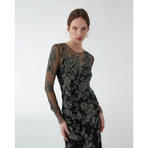 Carolina Herrera Trumpet Gown with Pewter Floral Embroidery, view 4