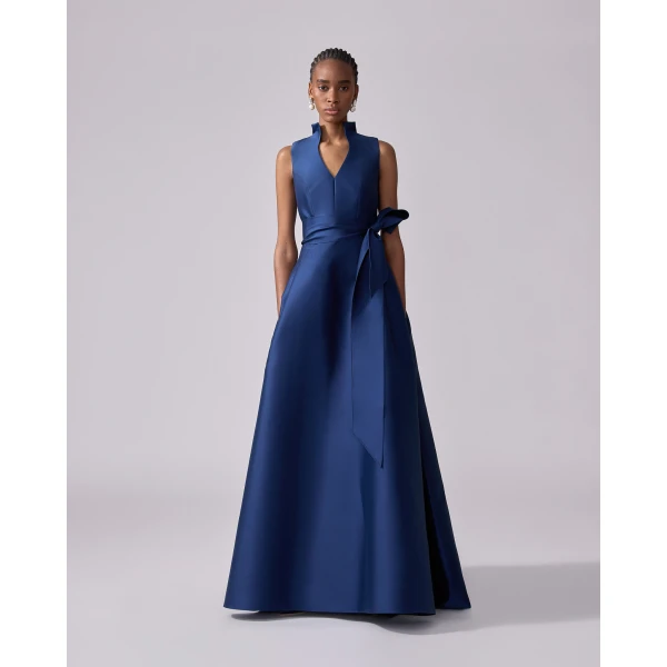 Carolina Herrera V-Neck Gown with Stand Collar and Self Belt in Navy, view 2