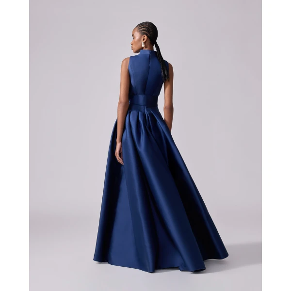 Carolina Herrera V-Neck Gown with Stand Collar and Self Belt in Navy, view 3