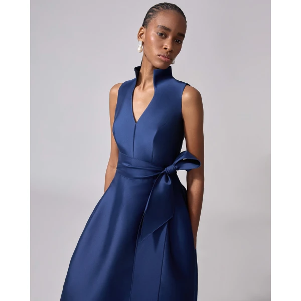 Carolina Herrera V-Neck Gown with Stand Collar and Self Belt in Navy, view 4