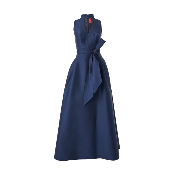 Carolina Herrera V-Neck Gown with Stand Collar and Self Belt in Navy