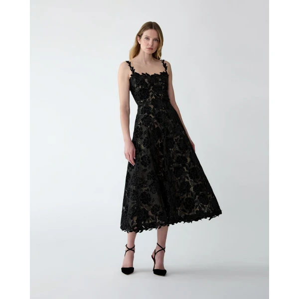 Carolina Herrera Velvet Rose Lace Midi Dress in Black, view 5