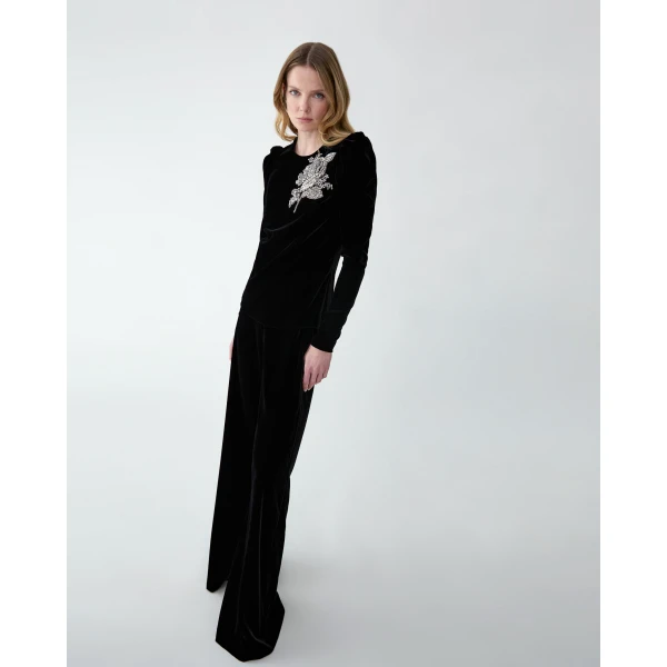 Carolina Herrera Wide-Leg Stretch Velvet Diane Pants in Black, view 4