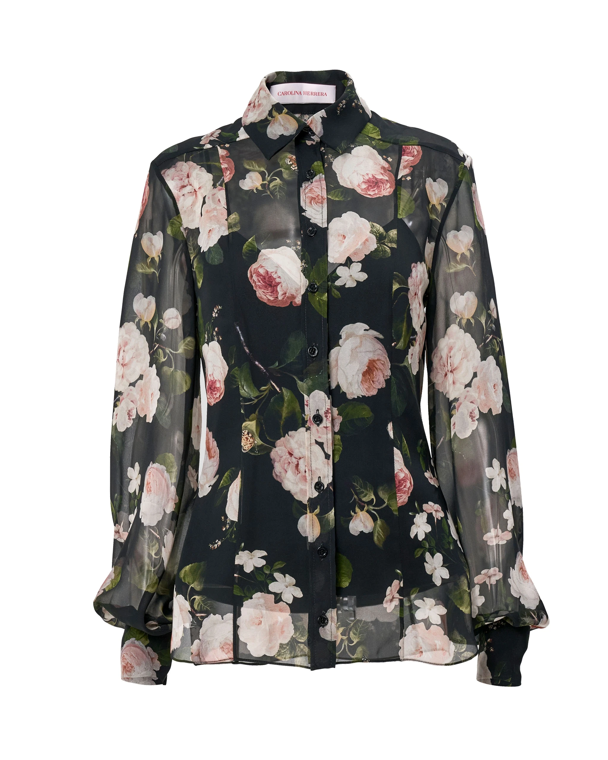 Carolina Herrera Winter Floral Silk Chiffon Isabella Shirt | Tops | Luxury Shoes Carolina Herrera Winter Floral Silk Chiffon Isabella Shirt
