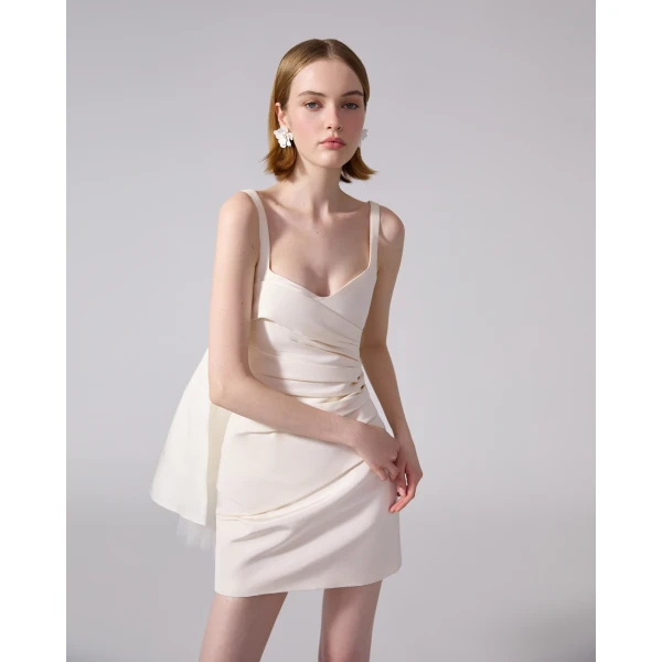 Carolina Herrera Wrap Bodice Mini Dress With Watteau in Ivory, view 4