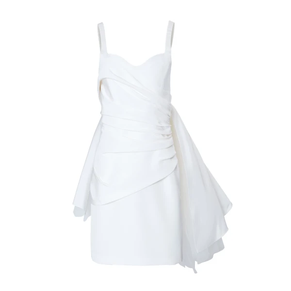 Wrap Bodice Mini Dress With Watteau in Ivory