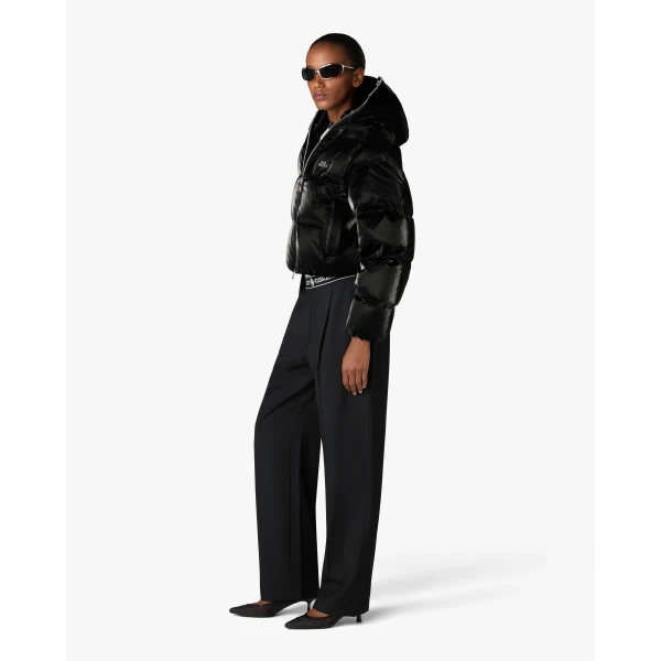 Casablanca Black Lacquered Cropped Nylon Puffer Down Jacket | Jackets | Luxury Shoes 