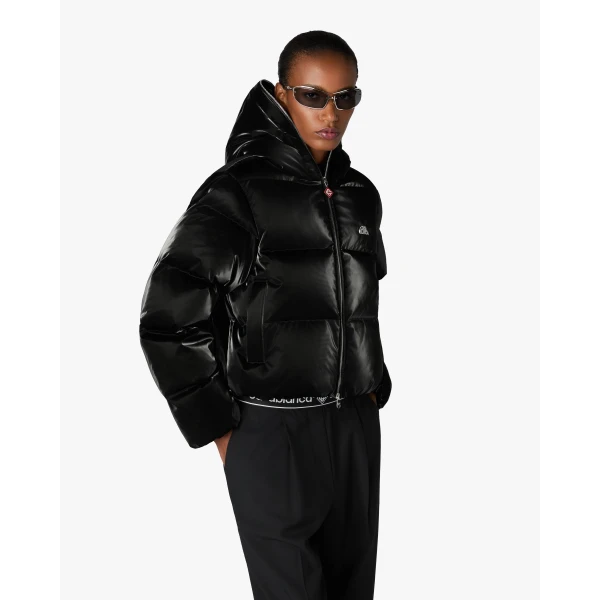 Casablanca Black Lacquered Cropped Nylon Puffer Down Jacket | Jackets | Luxury Shoes 