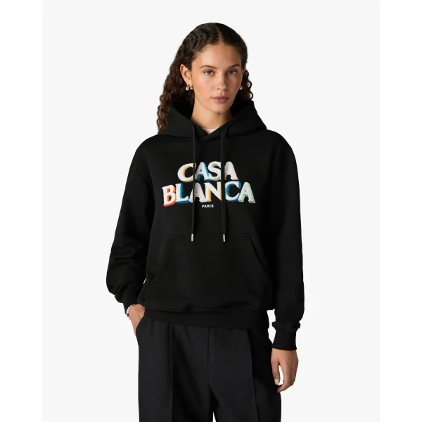 Casablanca Black Stacked Logo Embroidered Hooded Sweatshirt | Hoodies | Luxury Shoes 