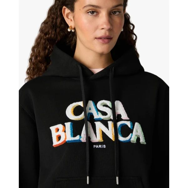 Casablanca Black Stacked Logo Embroidered Hooded Sweatshirt | Hoodies | Luxury Shoes 