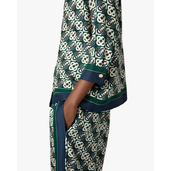 Casablanca Green & Navy Check Monogram Pyjama Long Sleeve Silk Shirt | Shirt | Luxury Shoes 
