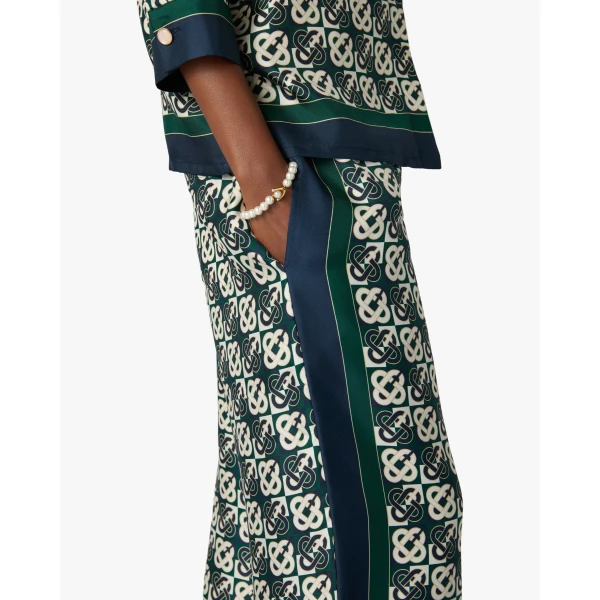 Casablanca Green & Navy Check Monogram Silk Trousers | Pants | Luxury Shoes 