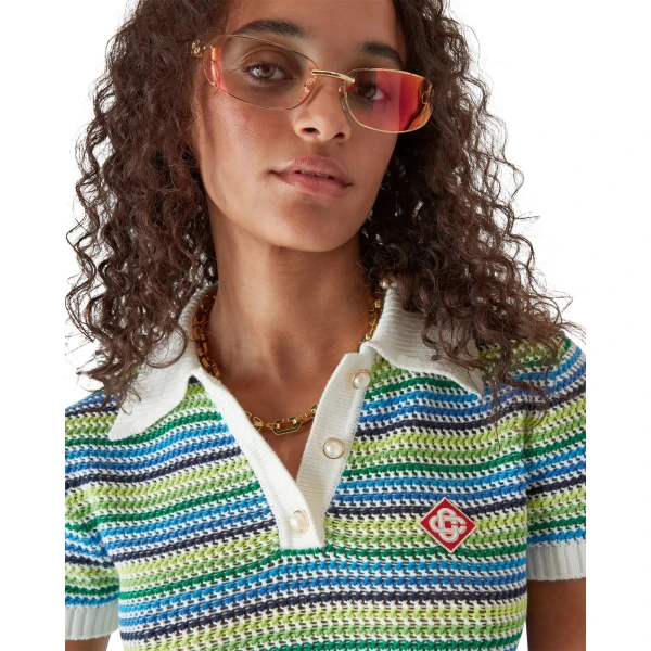 Casablanca Green Stripe Short Sleeve Polo Shirt | Polo Shirt | Luxury Shoes 