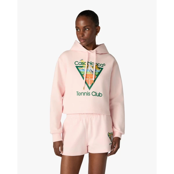 Casablanca Pink Tennis Club Icon Pyramid Abduction Cropped Hooded Sweatshirt | Hoodies | Luxury Shoes 