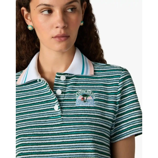 Casablanca Teal Striped Towelling Short Sleeve Polo Shirt | Polo Shirt | Luxury Shoes 