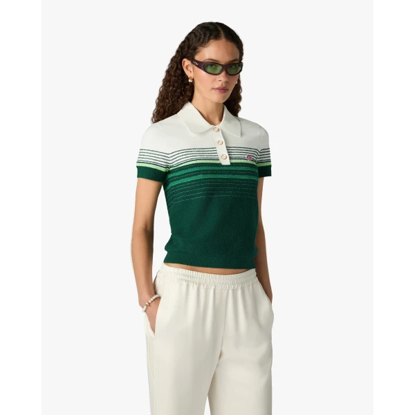 Casablanca White & Green Boucle Stripe Short Sleeve Polo Shirt | Polo Shirt | Luxury Shoes 