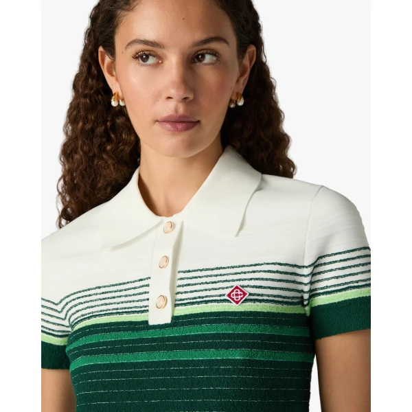 Casablanca White & Green Boucle Stripe Short Sleeve Polo Shirt | Polo Shirt | Luxury Shoes 