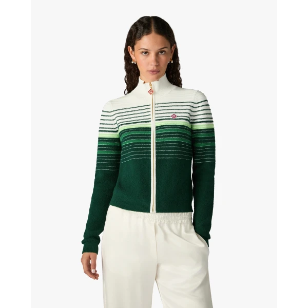 Casablanca White & Green Boucle Stripe Zip-Up Track Jacket | Jackets | Luxury Shoes 