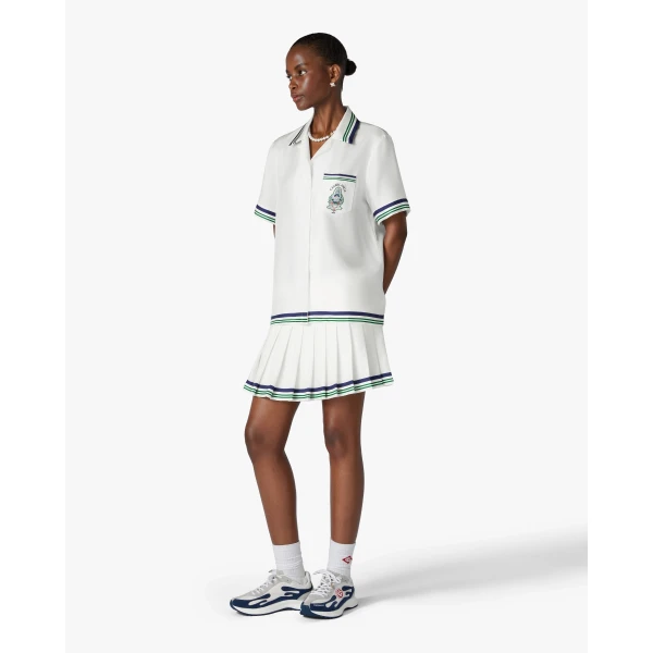 Casablanca White Hotel Emblem Pleated Mini Silk Skirt | Pleated Skirts | Luxury Shoes 