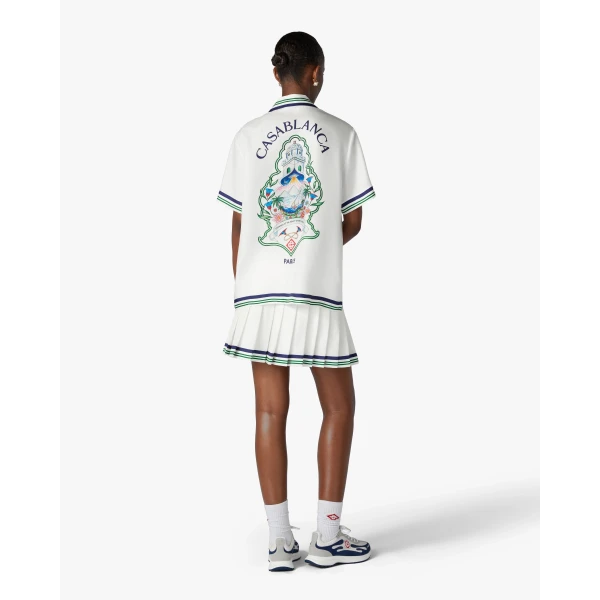 Casablanca White Hotel Emblem Pleated Mini Silk Skirt | Pleated Skirts | Luxury Shoes 