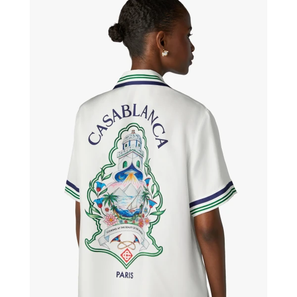 Casablanca White Hotel Emblem Short Sleeve Silk Shirt | Shirt | Luxury Shoes 