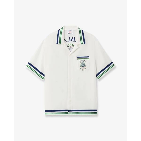 Casablanca White Hotel Emblem Short Sleeve Silk Shirt | Shirt | Luxury Shoes 