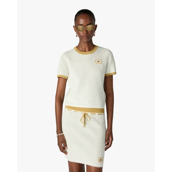 Casablanca White Lace Tuck Stitch Short Sleeve Top | Short Sleeved | Luxury Shoes 