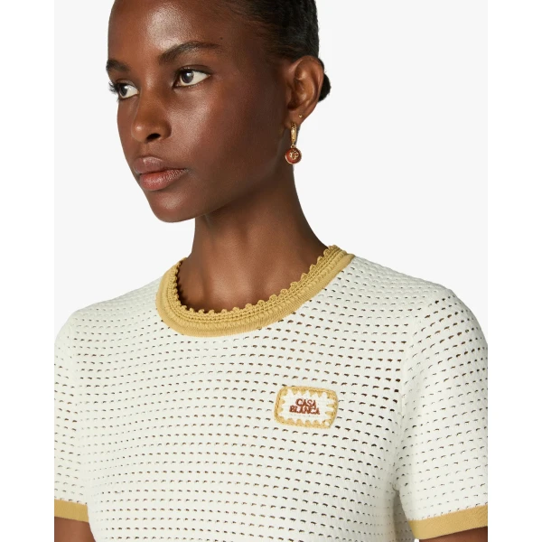 Casablanca White Lace Tuck Stitch Short Sleeve Top | Short Sleeved | Luxury Shoes 