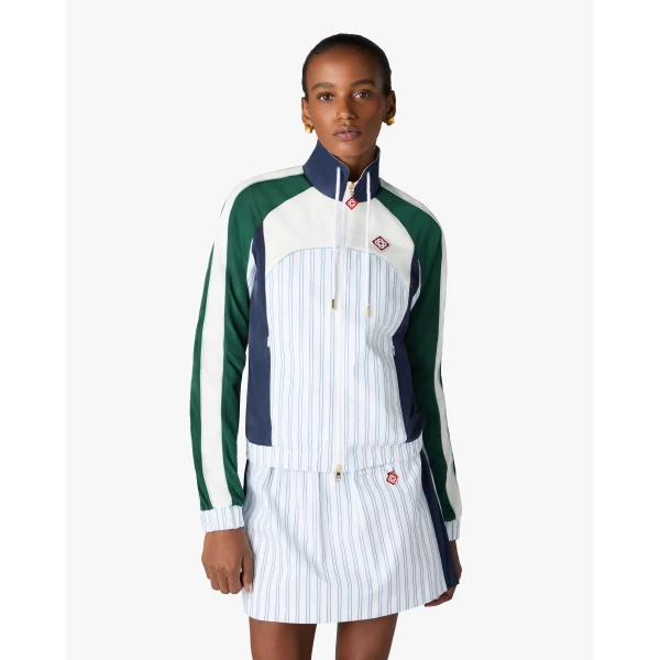 Casablanca White & Navy Pinstripe Panelled Track Jacket | Jackets | Luxury Shoes 