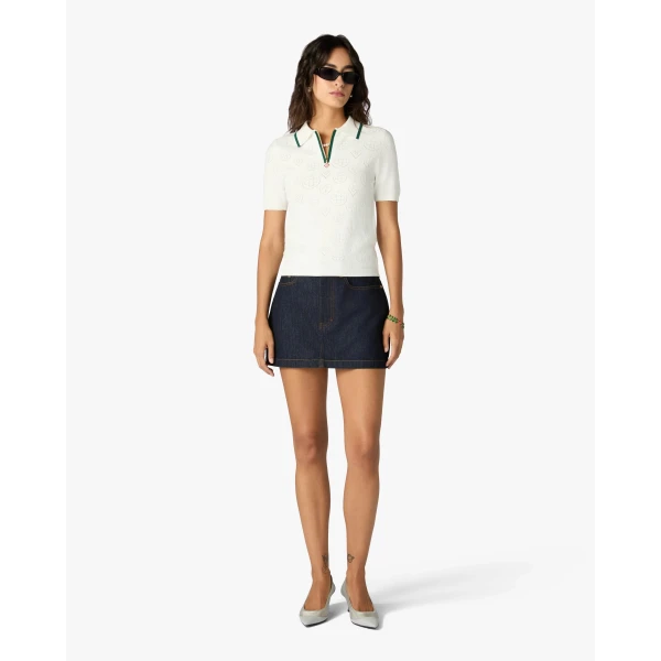 Casablanca White Pointelle Monogram Short Sleeve Cropped Polo Shirt | Polo Shirt | Luxury Shoes 